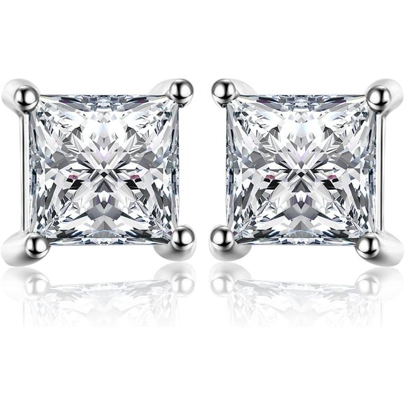Princess Cut 0.8ct Moissanite Square Silver Stud Earrings for Women 14k Gold Pl